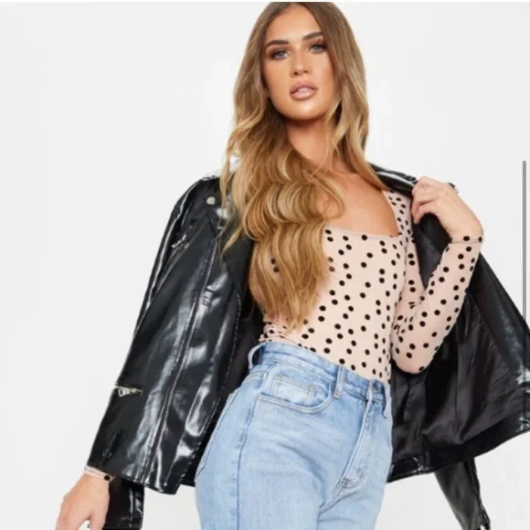 PrettyLittleThing Stone Polka Dot Mesh Square
Neck Long Sleeve Bodysuit - Picture 2 of 4